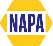 NAPA logo in blue text on a yellow hexagonal background