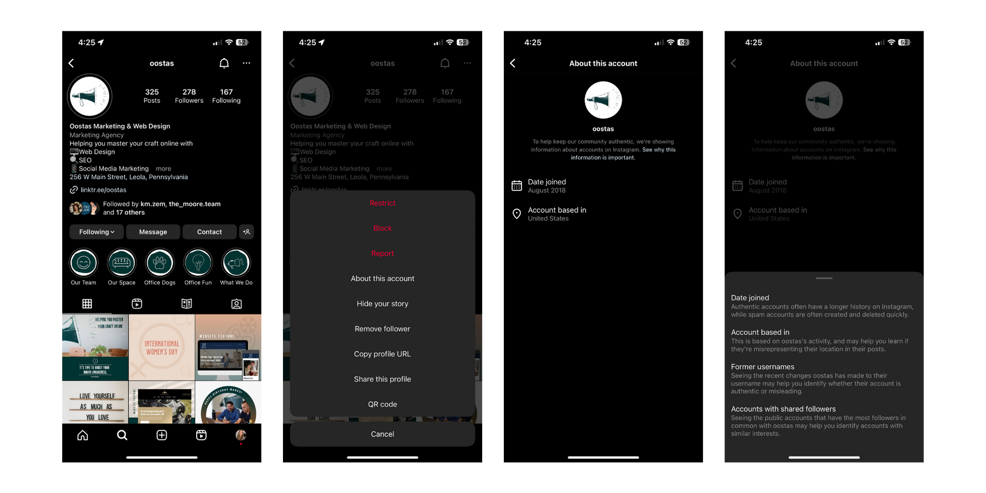 A set of four screenshots of a social media app on a cell phone.