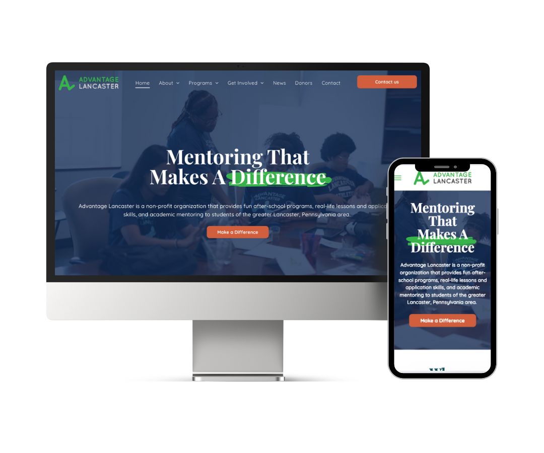 A computer and a cell phone are displaying a website for mentoring that makes a difference.
