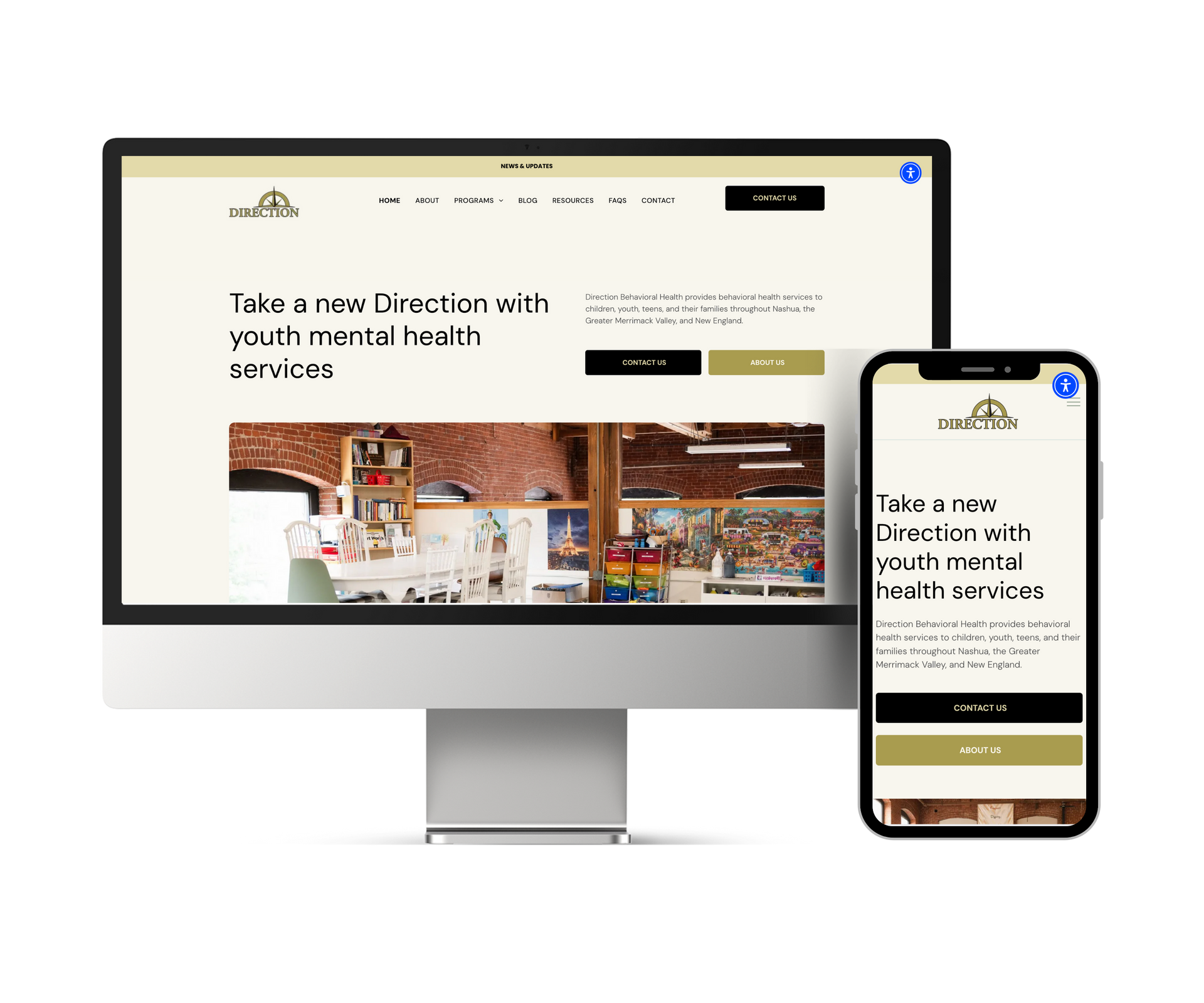 A computer monitor and a cell phone are displaying a website for youth mental health services.