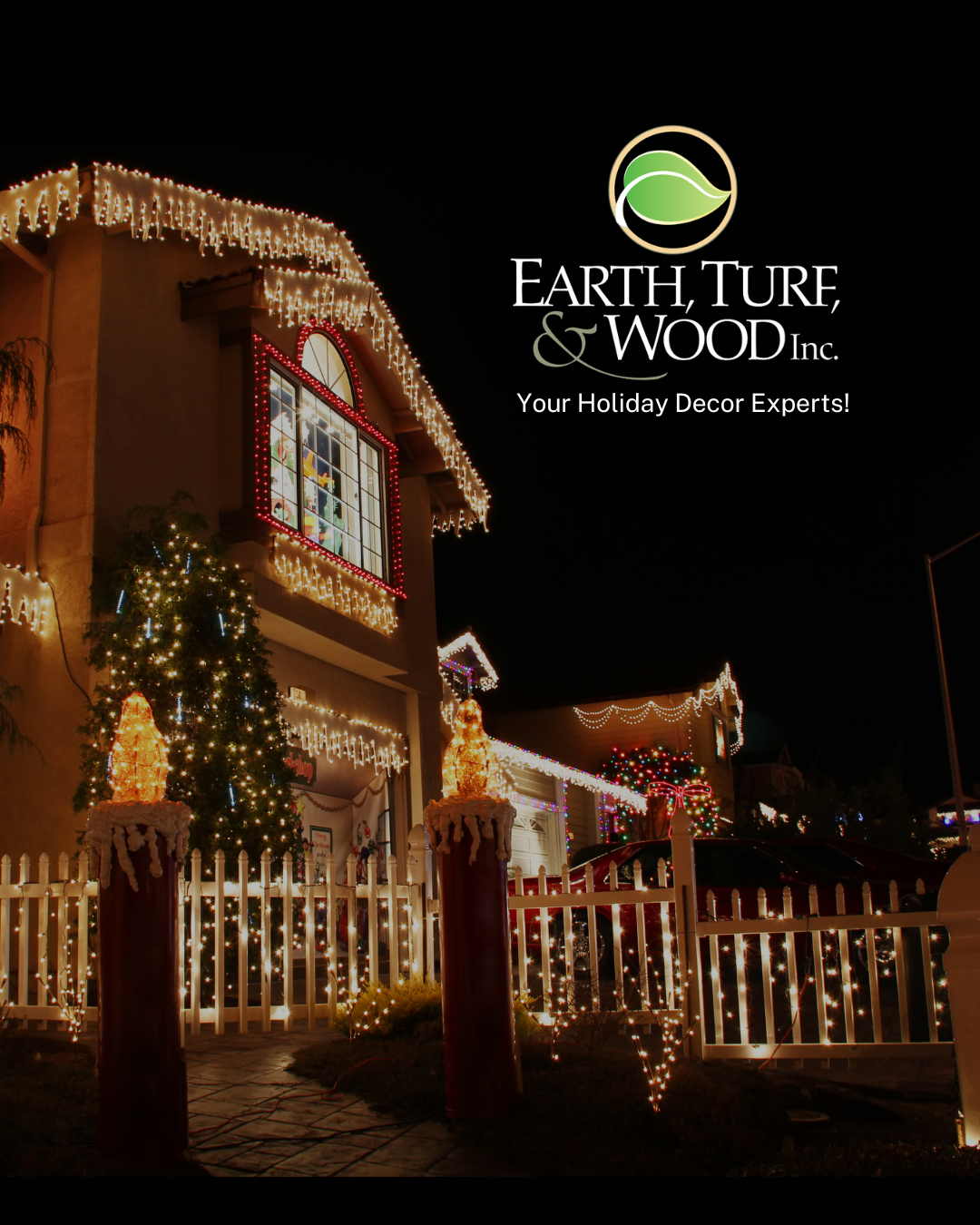Holiday-lit home exterior at night with Christmas lights and a wooden fence, Earth & Wood logo overlay.