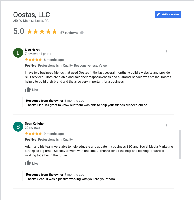 A screenshot of a google review for oostas , llc.
