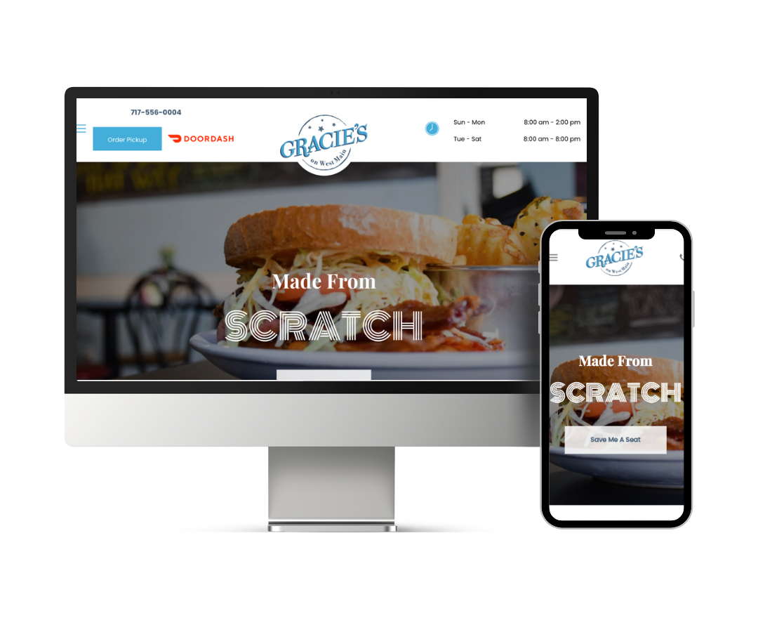A computer and a cell phone are displaying a website for grace 's made from scratch.