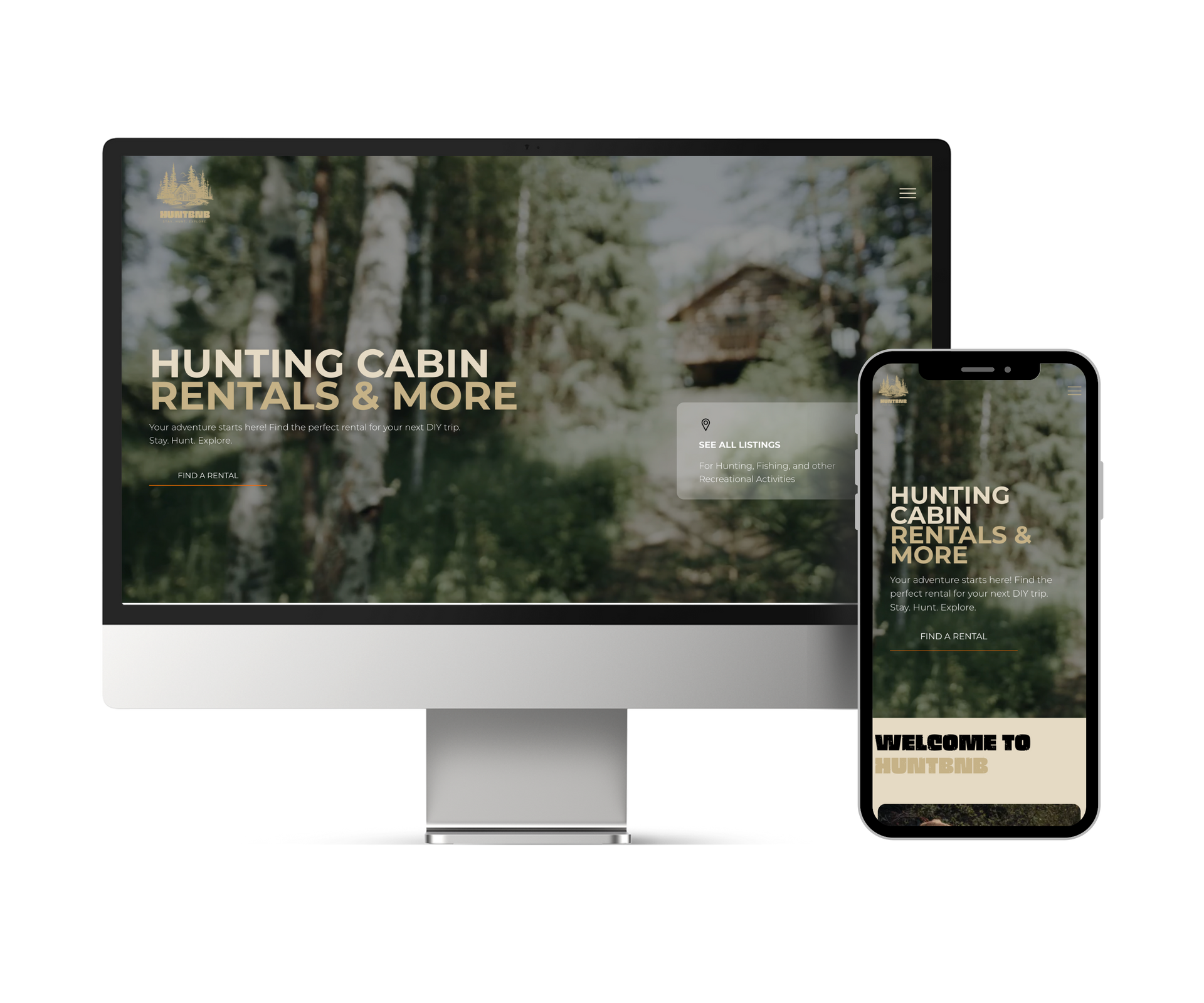 A computer and a cell phone are displaying a website for hunting cabin rentals and more.