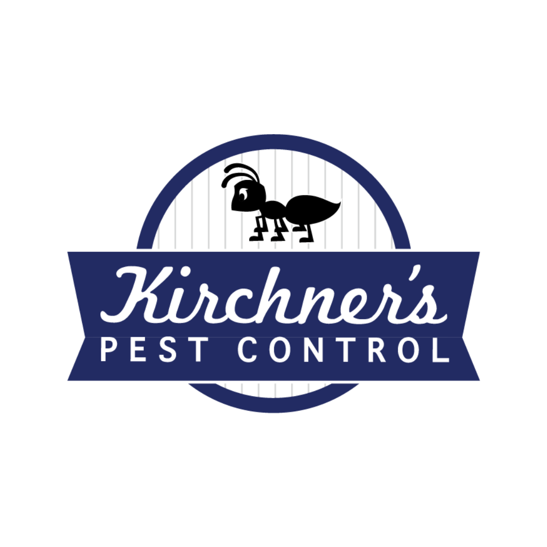 A black and white logo for kirchner 's pest control with an ant in a circle.