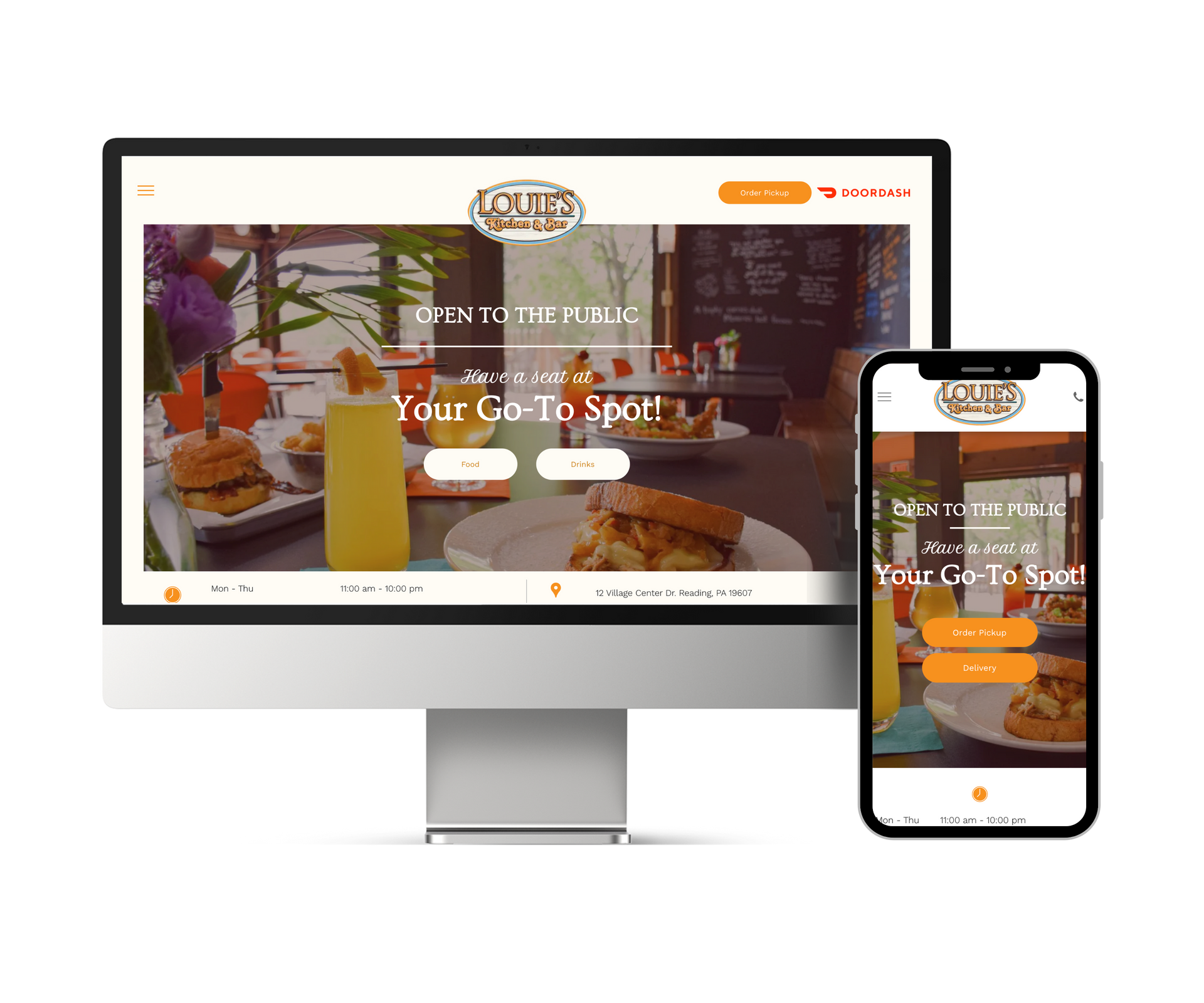 A computer and a cell phone are displaying a restaurant website.