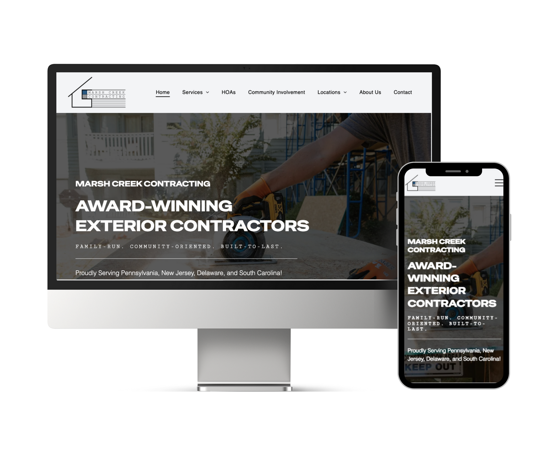 Website design displayed on a desktop and a mobile phone; award-winning exterior contractors.