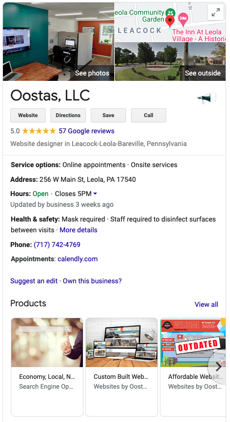 A screenshot of a google search for oostas , llc.