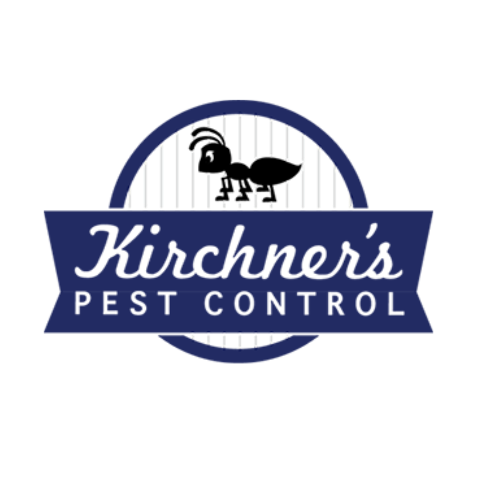A logo for kirchner 's pest control with an ant on it.