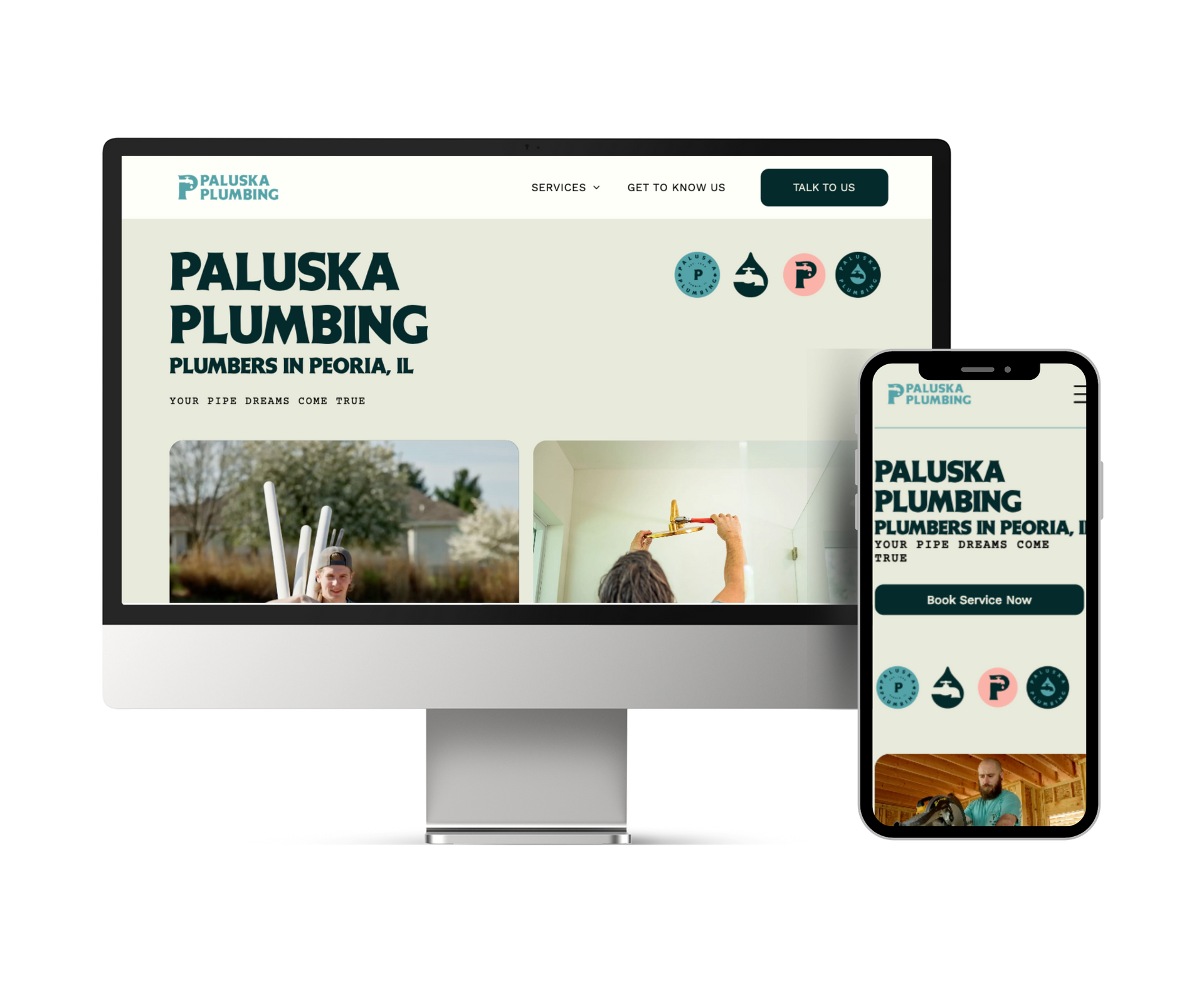 Website mockup for Paluska Plumbing, displayed on a desktop monitor and a smartphone.