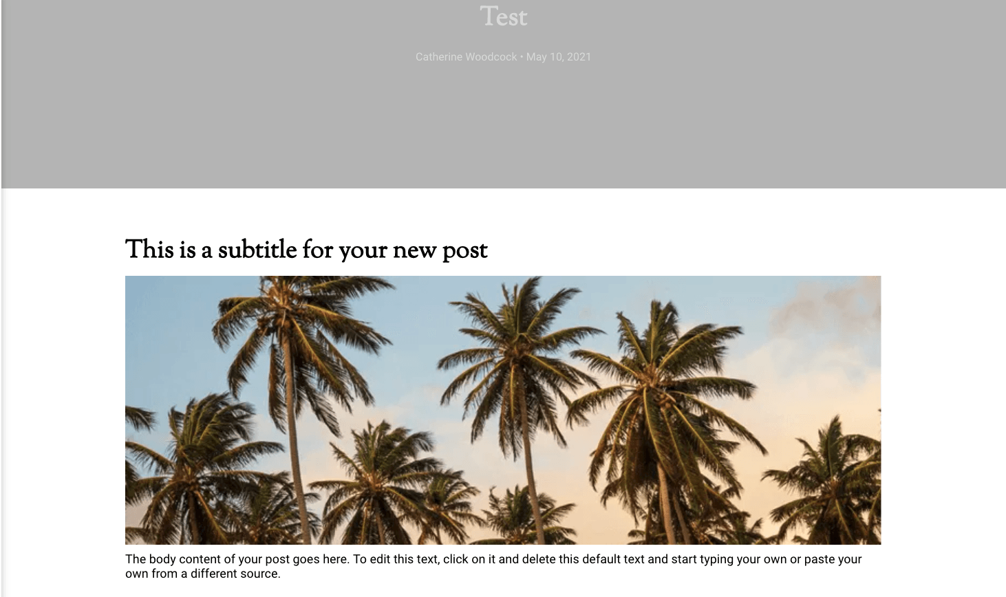 A screenshot of a website with a picture of palm trees.