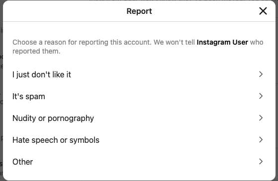 report A screenshot of the report screen on instagram.
