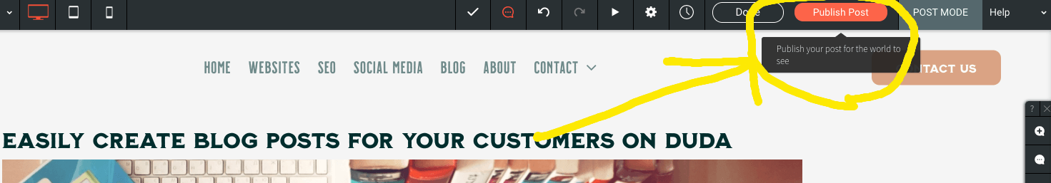 A blurry picture of a website that says early create blog posts for your customers on duda