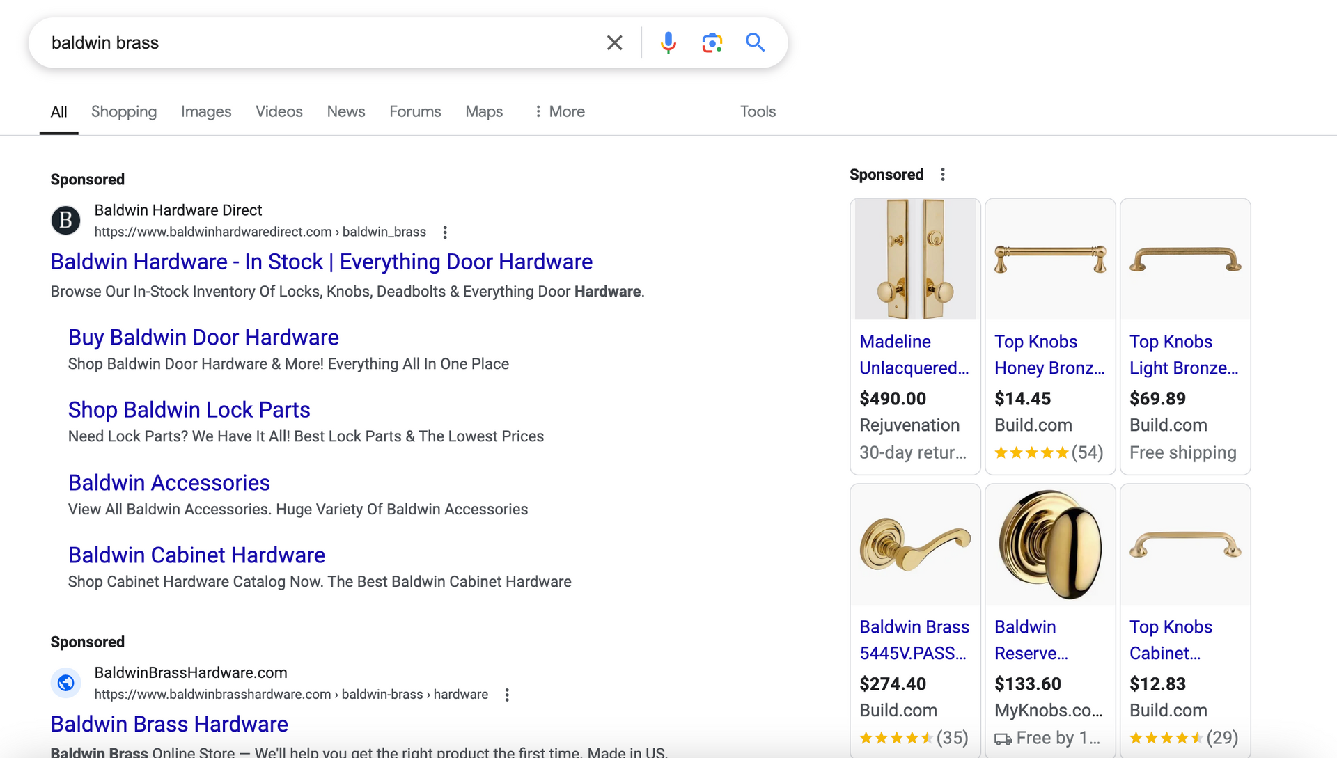 A screenshot of a google search for door hardware.