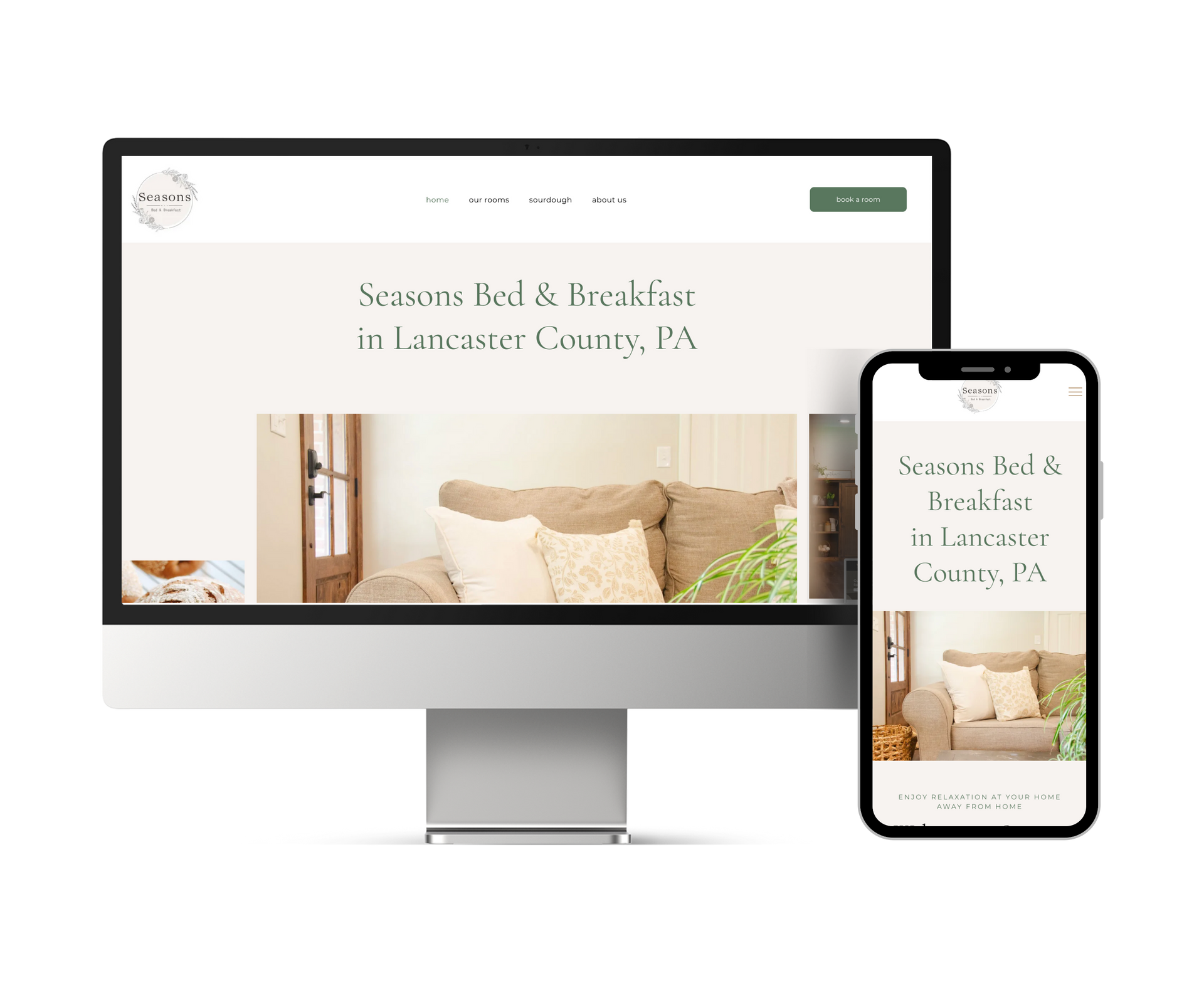 A computer and a cell phone are displaying a website for a bed and breakfast.