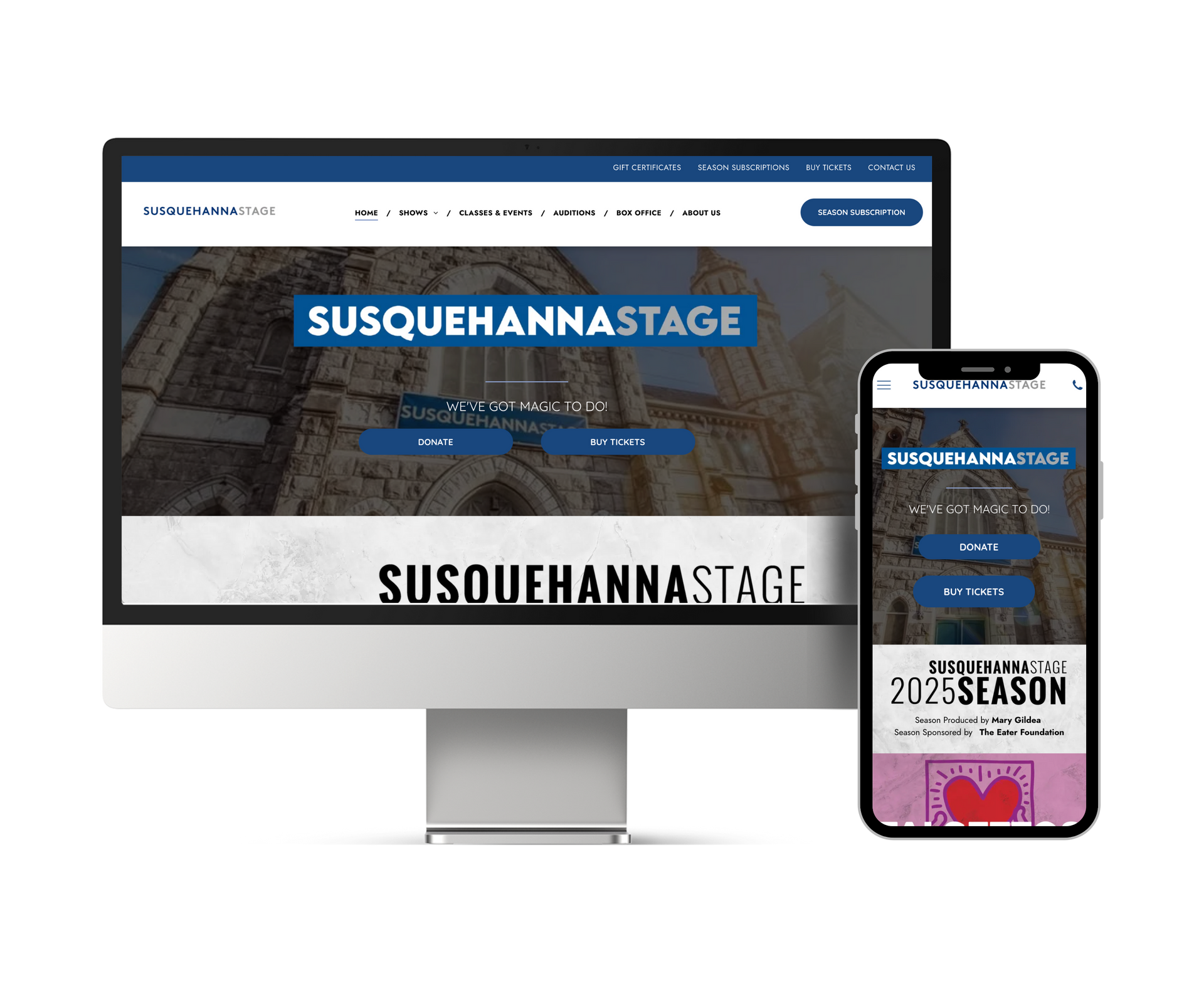 A computer and a cell phone are displaying a website for susquehannastage.