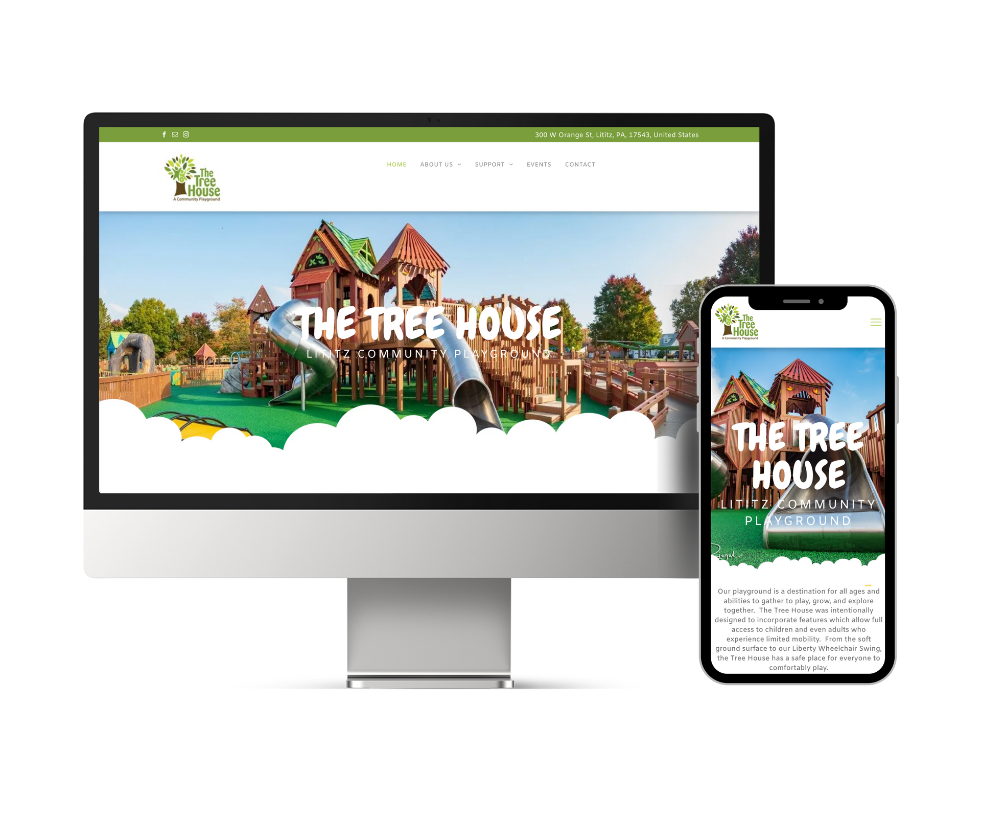 A computer and a cell phone are displaying a website for the tree house playground.