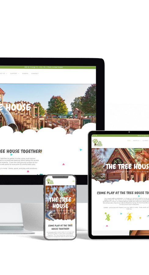 A computer , tablet , and cell phone displaying a website for the tree house.