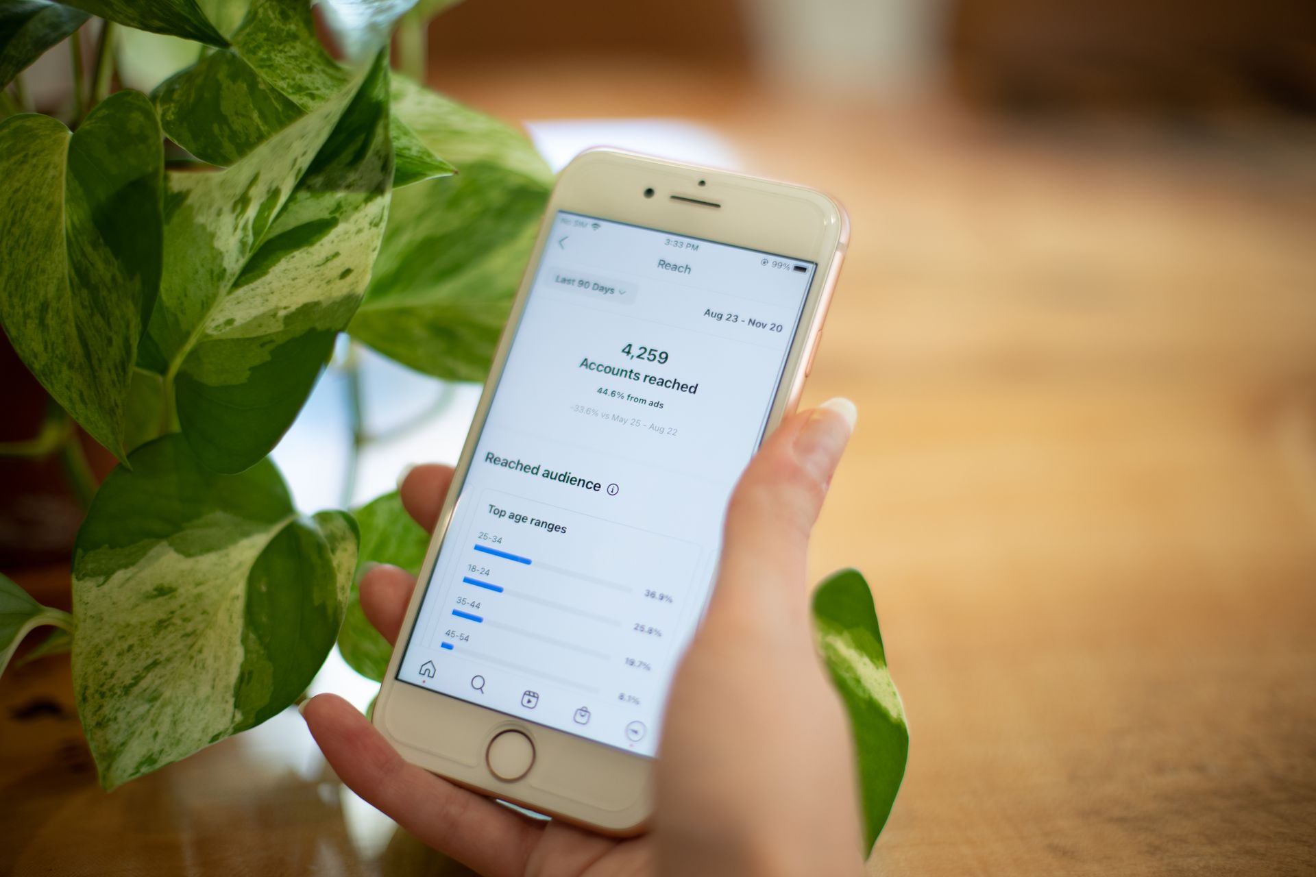 A person is holding a cell phone in their hand in front of a plant.
