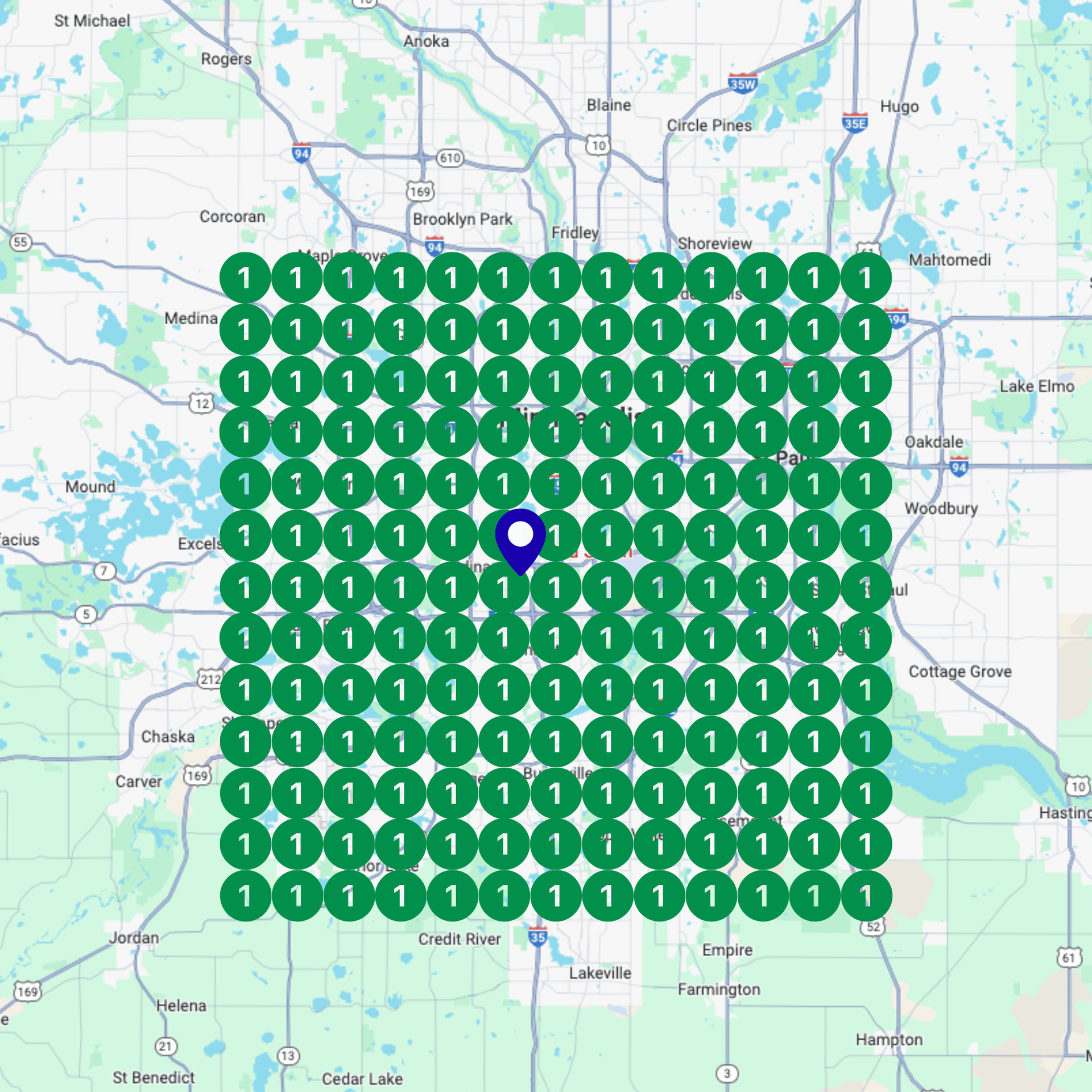 Green circles with the number 1 cover a square area on a map of the Minneapolis-St. Paul metro area.