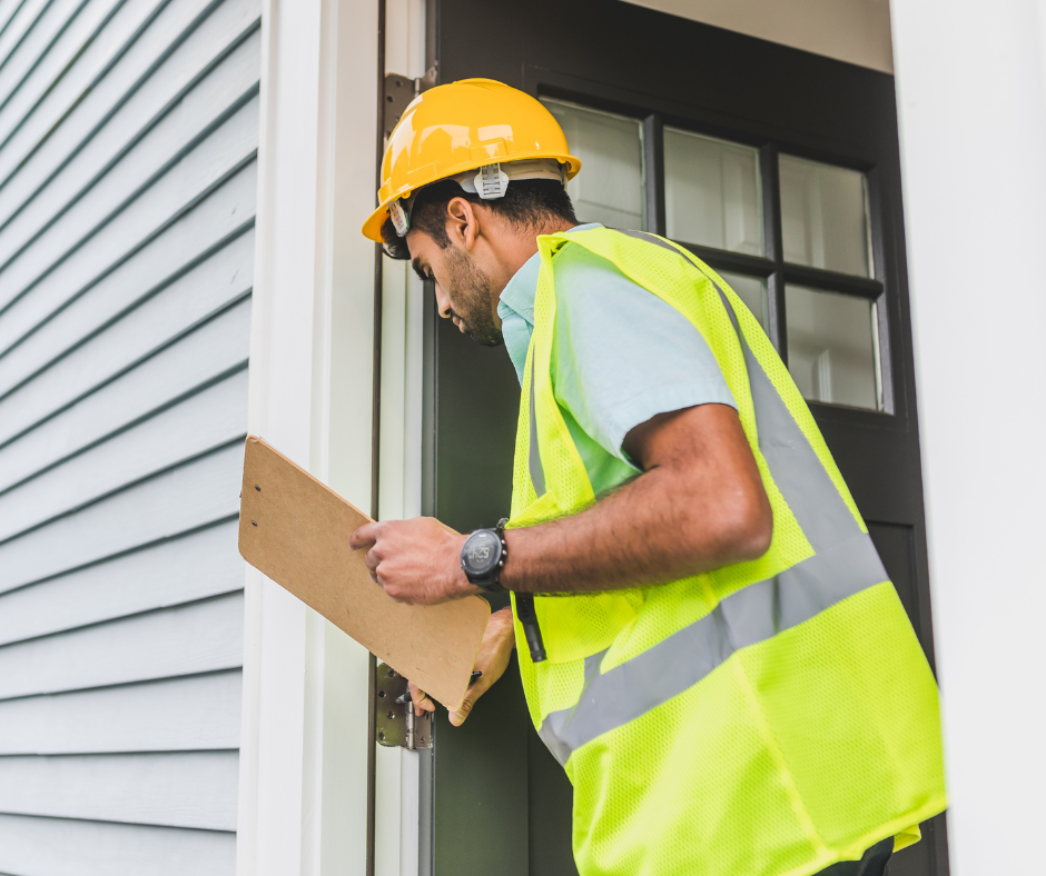Worker in yellow safety vest and hard hat holding a clipboard at a doorway