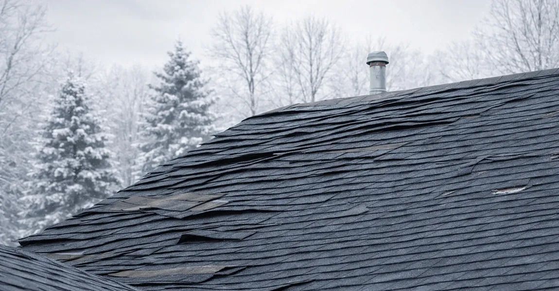 A damaged residential roof with curled, worn asphalt shingles against a backdrop of snow-covered pine trees.