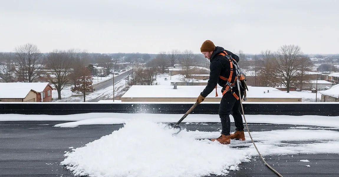 A person in a safety harness uses a long-handled tool to clear snow from a flat roof overlooking a snowy town.