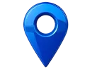 A glossy blue map pin icon with a circular hole in the center.