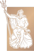 A statue of a man holding a trident while sitting on a shell.