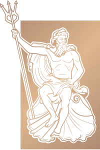 A statue of a man holding a trident while sitting on a shell.