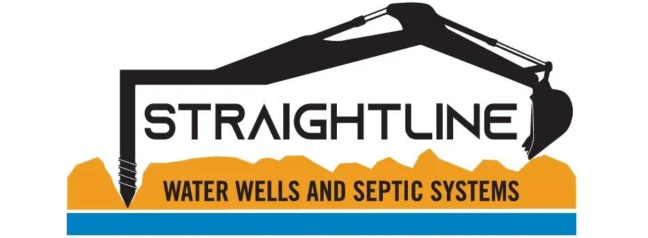 Straightline logo with excavator over orange roof and text “Water Wells and Septic Systems”