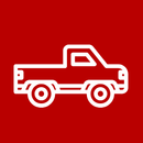 A white pickup truck icon on a red background.
