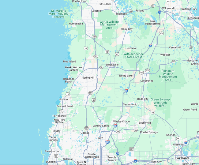 A map of florida with a lot of roads and mountains