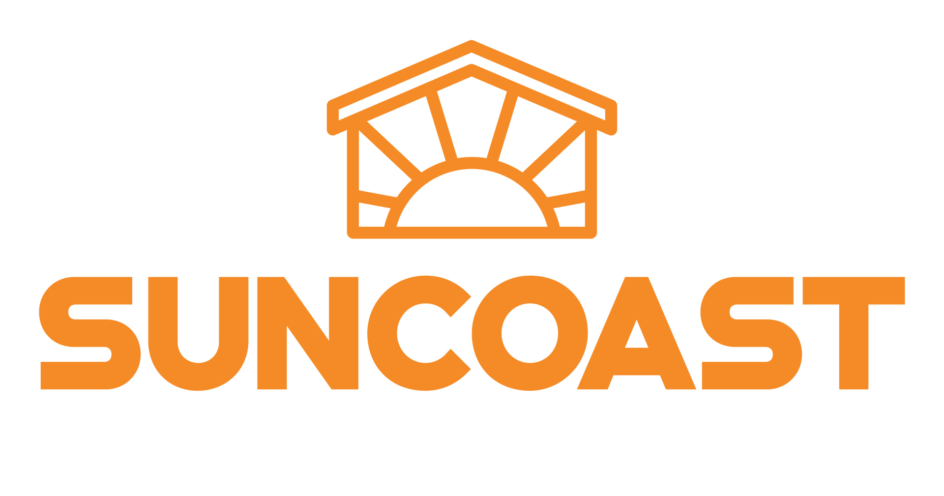 Suncoast logo: Orange text below an orange house and sun outline.