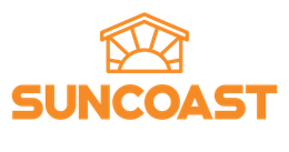 Suncoast logo: Orange text below an orange house and sun outline.