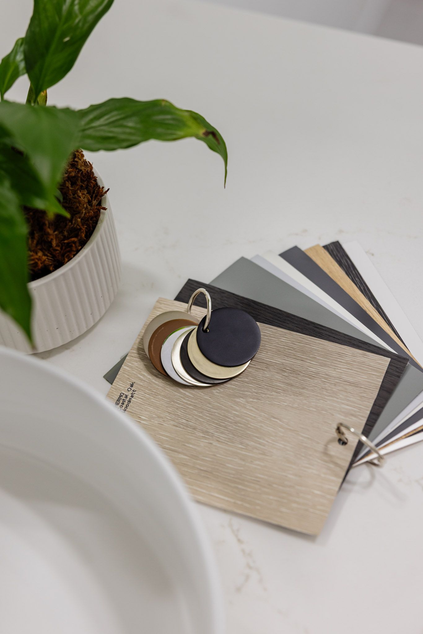 Color swatch set on countertop near potted plant and sink. Beige, gold, gray, and black hues.