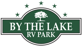 Logo for By The Lake RV Park, featuring a green oval with a tree and stars, text: 