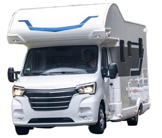 White motorhome with blue accents, driving on road.