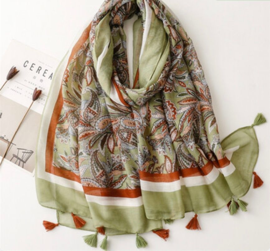 Green Paisley Scarf With Orange and White Borders and Tassels — Onyx Poppy Boutique in Buderim, QLD