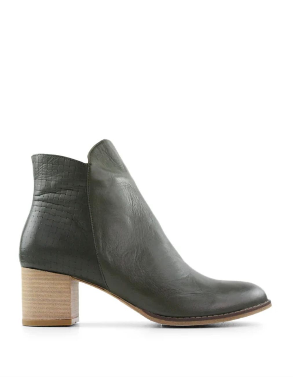 Green Leather Ankle Boot With a Tan Block Heel — Onyx Poppy Boutique in Buderim, QLD