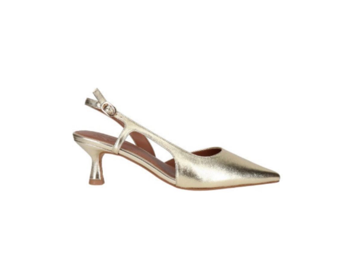 A Pair of Gold Slingback Shoes on a White Background — Onyx Poppy Boutique in Buderim, QLD