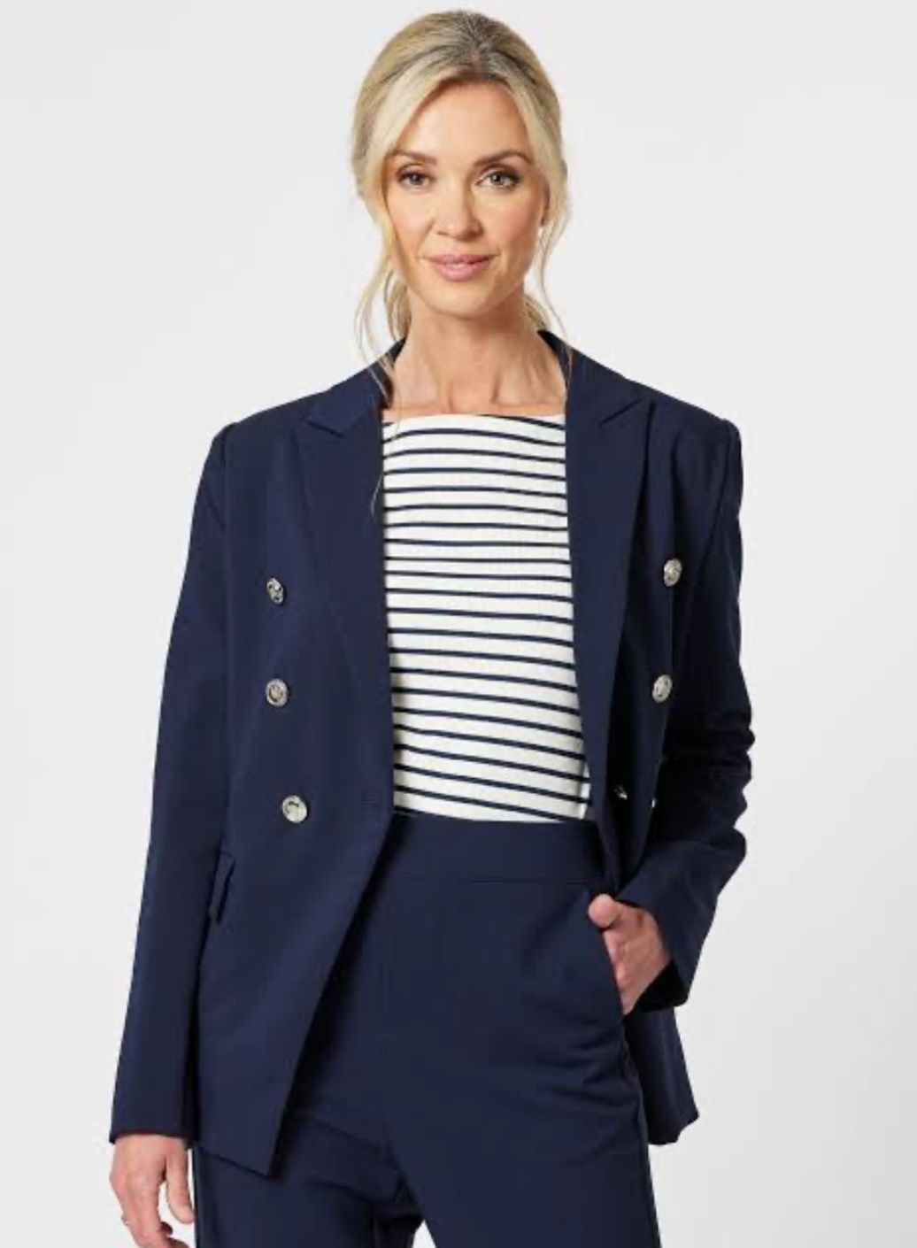 Woman in Navy Blazer and Striped Top — Onyx Poppy Boutique in Buderim, QLD