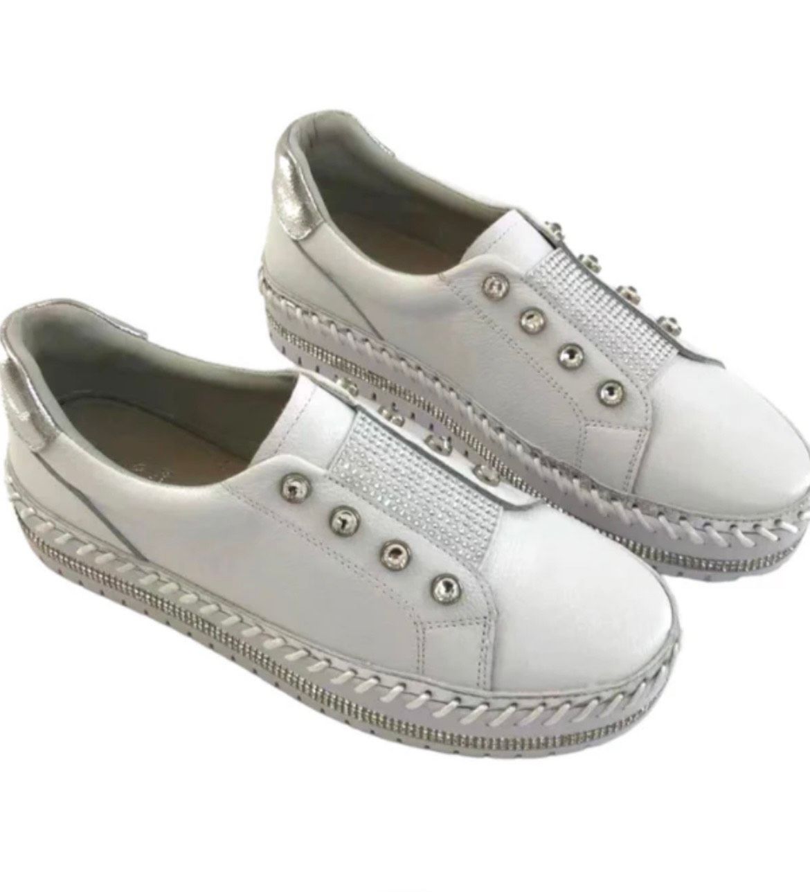 White Slip-on Sneakers With Silver Detailing and Embellishments — Onyx Poppy Boutique in Buderim, QLD