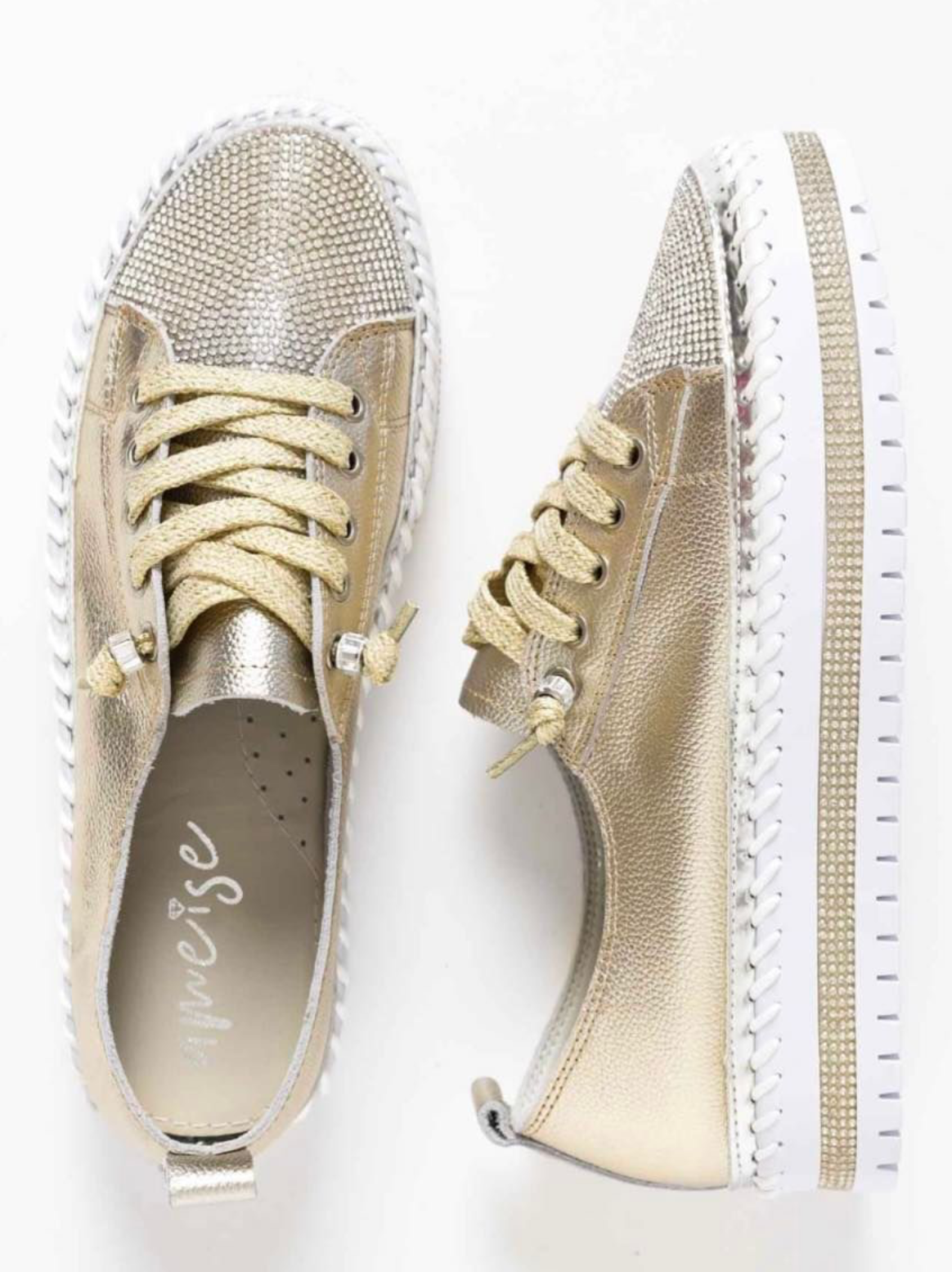 Gold and Silver Platform Sneakers With Rhinestone Accents and Thick White Sole — Onyx Poppy Boutique in Buderim, QLD