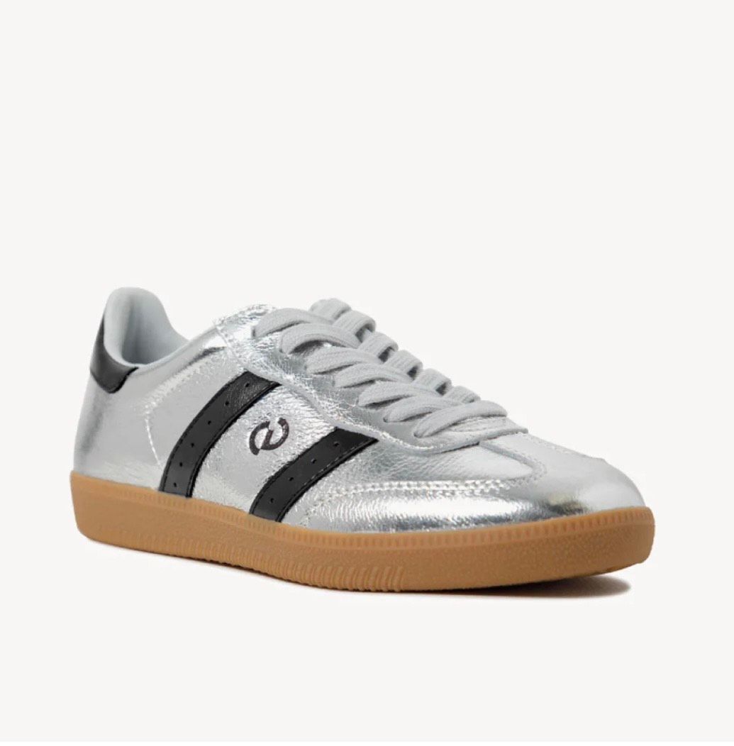 Silver Sneaker With Black Stripes and a Brown Sole — Onyx Poppy Boutique in Buderim, QLD