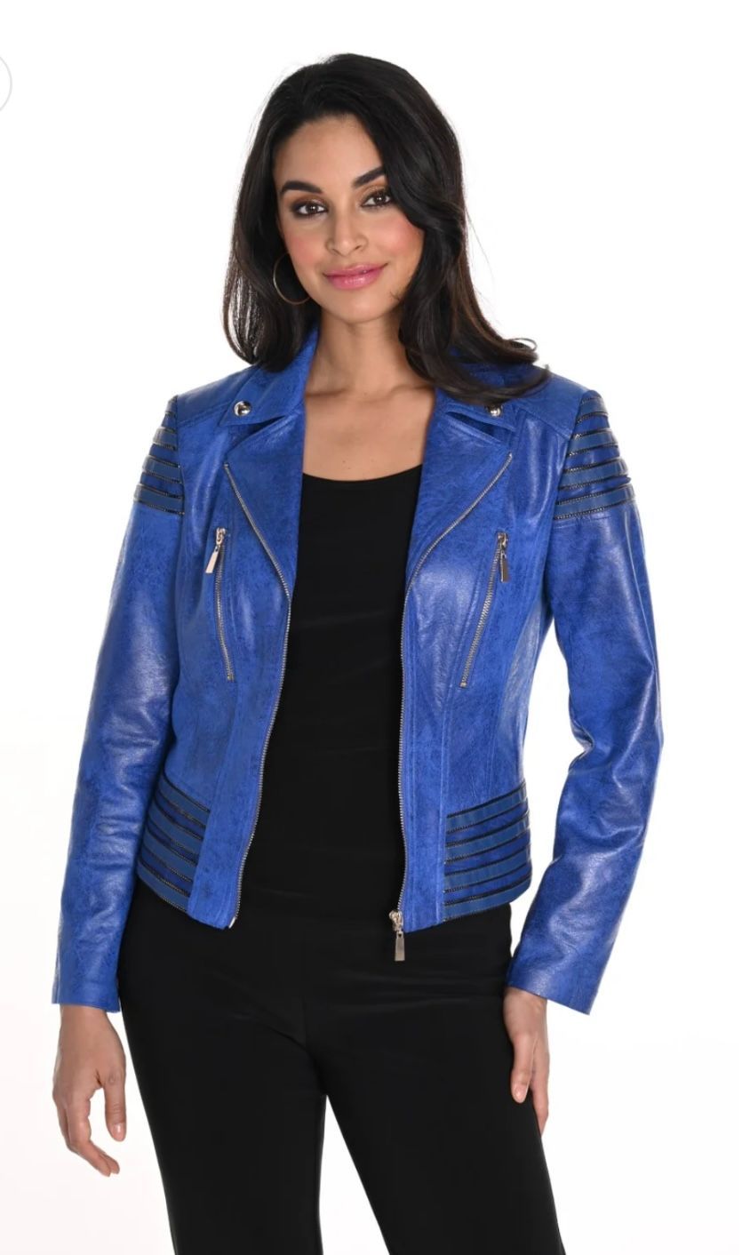 Woman in a Blue Leather Jacket and Black Outfit — Onyx Poppy Boutique in Buderim, QLD