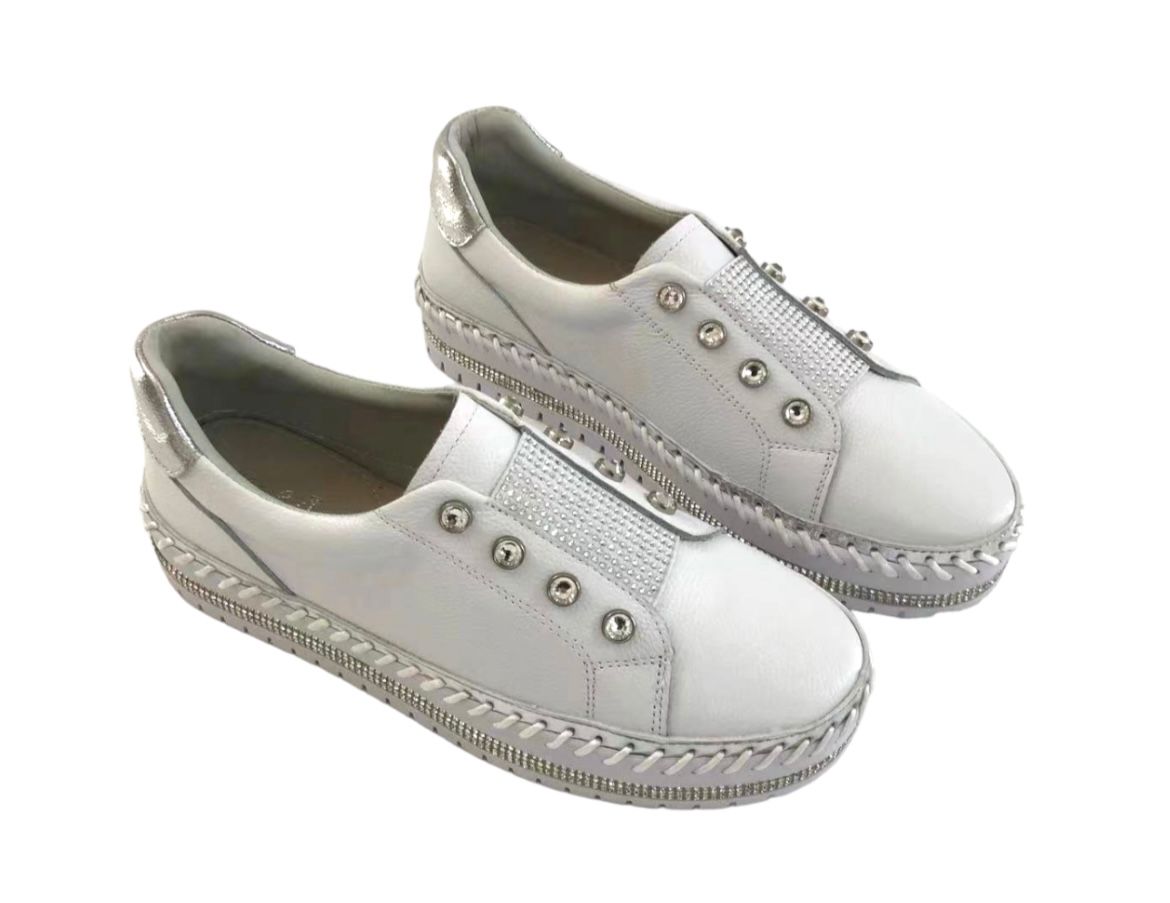 White Leather Slip-on Sneakers With Silver Accents and Studded Trim — Onyx Poppy Boutique in Buderim, QLD