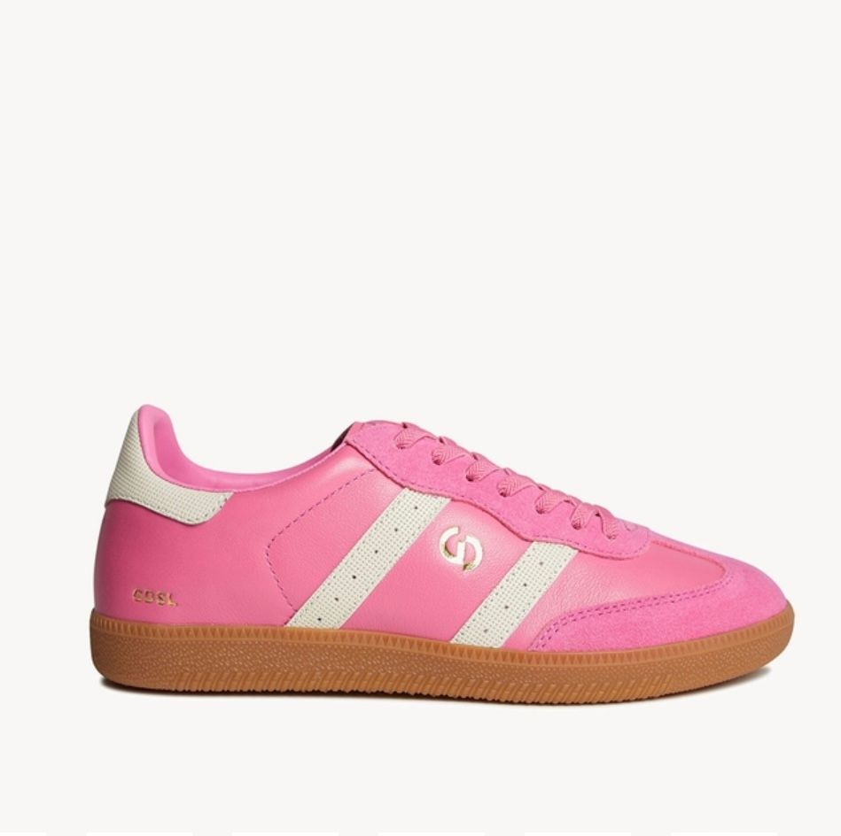 Pink leather sneakers with cream stripes and brown sole.