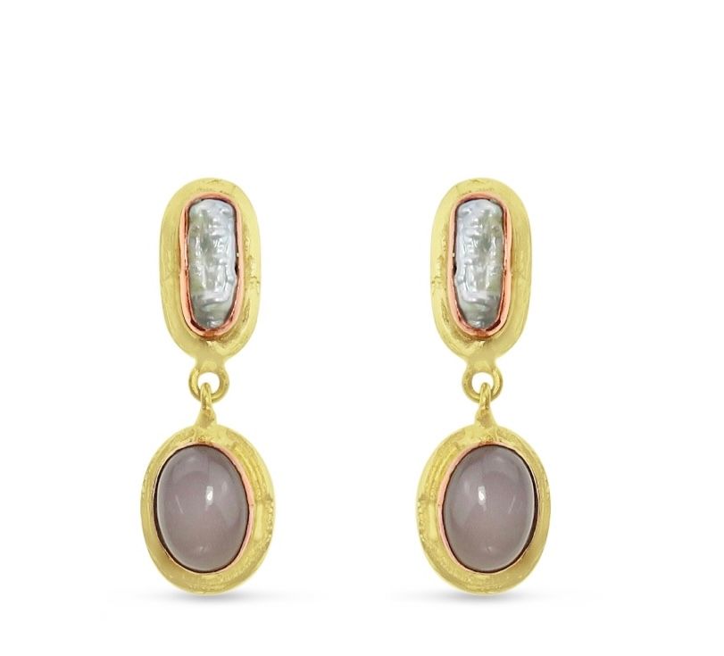 Gold Drop Earrings With Oval Grey Gemstones and Rectangular White Gemstones — Onyx Poppy Boutique in Buderim, QLD