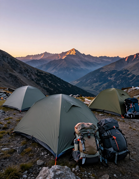 Campamento de montaña al amanecer, con tiendas de campaña y mochilas, con vistas a cumbres lejanas